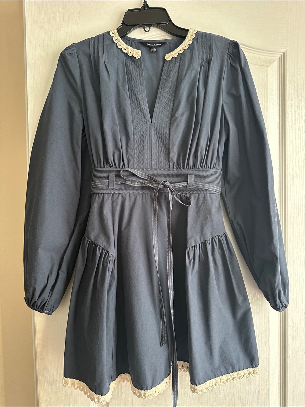 Smocked Waist Navy Long-Sleeve Dress with Lace Trim